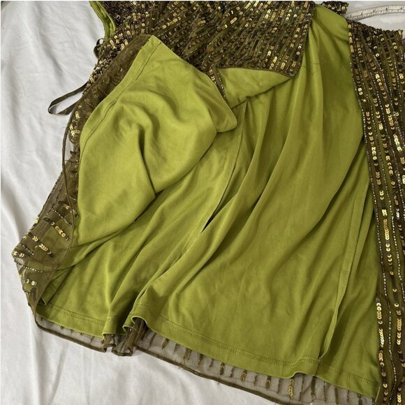 NWT $598 Mac Duggal [ 2 ]‎ Sequined Faux Wrap Cap Sleeve Gown Olive Green #Q714 - Picture 7 of 16